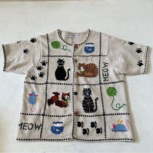 Marisa Christina Sweater Short Sleeve Knitted Button Up Cats Lovers Women's